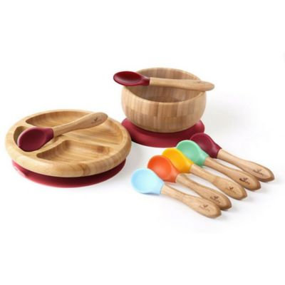 Avanchy Bamboo + Silicone Baby Bowl and Plate Set with Spoons in Magenta
