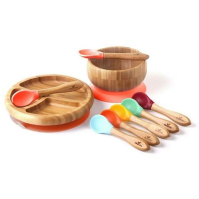 Avanchy Bamboo + Silicone Baby Bowl and Plate Set with Spoons in Orange