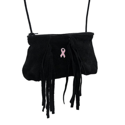 Black Suede Crossbody Purse w/Fringe & Pink Breast Cancer Awareness Ribbon