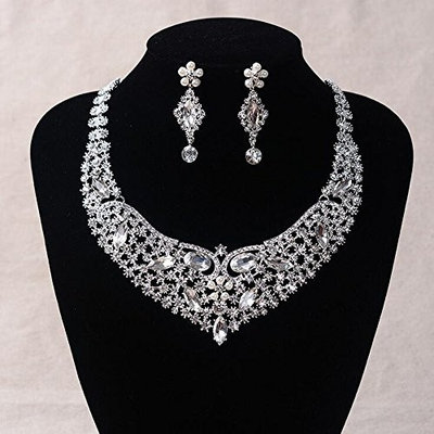 Missgrace Bridal Statement Necklace Fashion Silver Plated African Wedding Clear Crystal Necklace Jewelry Sets