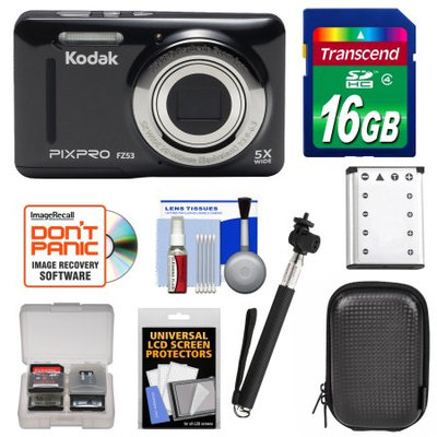 Kodak Ltd Kodak PixPro Friendly Zoom FZ53 Digital Camera (Black) with 16GB Card + Battery + Case + Selfie Stick + Kit