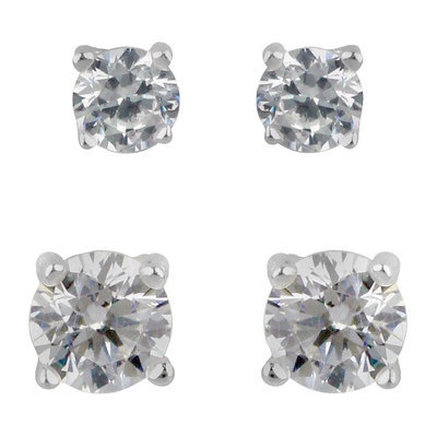 Sterling Silver Duo Round Stud Earring Set - Clear