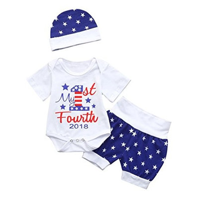 3Pcs Baby Girls BoysOutfits Clothes, Infant Baby Girls Boys 4th Of July Star Romper+Shorts+Hat Outfits Clothes