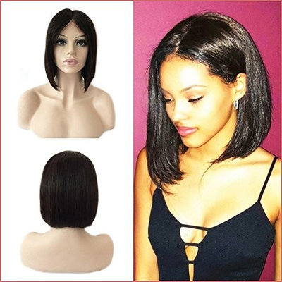 Short Bob Lace Front Wigs with Bangs Off Black Middle Part Human Hair Lace Frontal Wigs Glueless Shoulder Length Human Hair Wig for Black Women Straight Hair 8'' 1B Natural Black+Free Wig Net