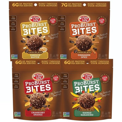 Enjoy Life Protein Bites, Soy free, Nut free, Gluten free, Dairy free, Non GMO, Vegan, Variety Pack (Cinnamon Spice, SunSeed Butter, Cranberry Orange, Mango Habanero), 4 Bags