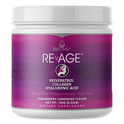 Collagen Peptides Hydrolysate Proteins Powder - with Resveratrol, Hyaluronic Acid, Vitaberry| Paleo Friendly, Grass Fed, and Antioxdiant Boost | Strawberry Lemonade Flavor - RevAge (0.22LB)