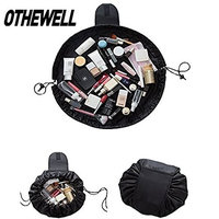 Fashion Drawstring Cosmetic Bag Travel Lazy Makeup Storage Bag Portable&Waterproof Quick Pack Large Cosmetic Bag Dual Magic Bags With Zipper&Drawstrings Brush Holder Carry On Travel (Black)