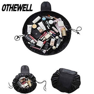Fashion Drawstring Cosmetic Bag Travel Lazy Makeup Storage Bag Portable&Waterproof Quick Pack Large Cosmetic Bag Dual Magic Bags With Zipper&Drawstrings Brush Holder Carry On Travel (Black)
