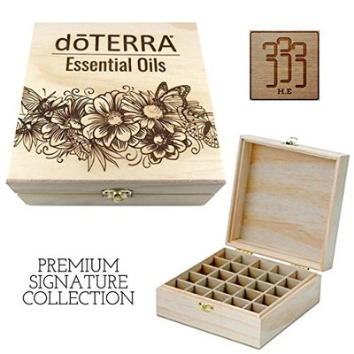 doTERRA Butterflies & Flowers - Premium Essential Oil Box 25 Slots H.E. Signature Gift Series - Holds 5-15ml Bottles - Wooden Aromatherapy Storage - Fits doTERRA, All Major Brands (Natural)