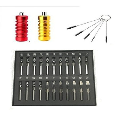 22pcs Tattoo Stainless Steel Tattoo Tip 5pcs Tip Cleaning Brushes 2pcs Chromatic Aluminum-Alloy Grip Tool Set