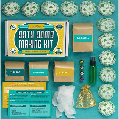 Bath Bomb Making Kit with 100% Pure Therapeutic Grade Essential Oils, Makes 12 DIY Lush Cupcake Mold Bath Bombs, Gift Box & Metal Bath Bomb Mold 2 Piece Set Included