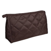 Unique Bargains Women Coffee Color Lozenge Print Sundry Cosmetic Makeup Kit Bag w Mirror Hand Strap