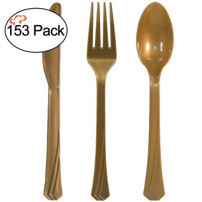 TigerChef 0026-8296@3PK Heavyweight Colored Plastic Silverware Disposable Flatware Cutlery Combo Box, 51 Forks, 51 Spoons, 51 Knives, Gold (Pack of 153)