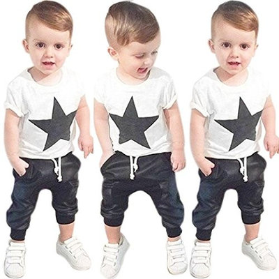 Efaster Toddler Boys Outfit Clothes Star Printed T-shirt Tops+Long Pants Trousers 1Set