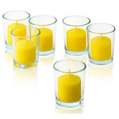 Light In The Dark Clear Glass Round Votive Candle Holders With Citronella Yellow votive candles Burn 10 Hours Set of 72