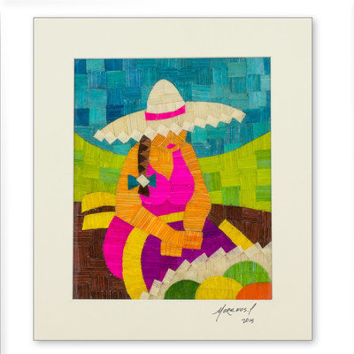 Novica Fruit Seller Dyed Dried Corn Husk Collage Portrait in Tropical by Juan Carlos Moreno Wall Art