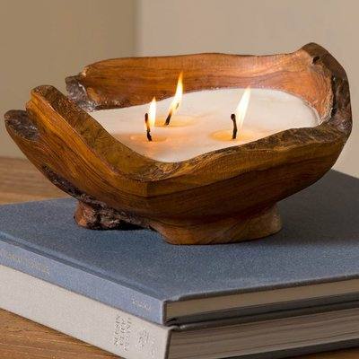 Foundry Select Handcrafted Teak Wood Bowl Unscented Novelty Candle
