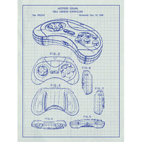 Inked And Screened Gaming 'Sega Genesis Controller' Silk Screen Print Graphic Art in White Grid/Blue Ink