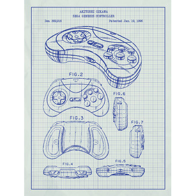 Inked And Screened Gaming 'Sega Genesis Controller' Silk Screen Print Graphic Art in White Grid/Blue Ink