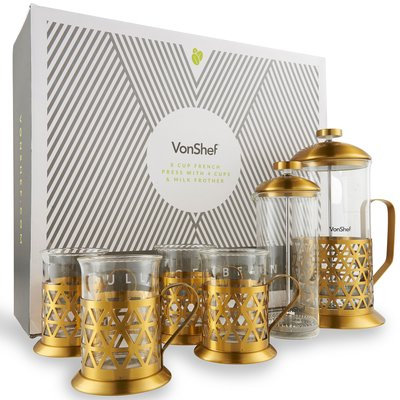 Vonshef 5 Piece 8-Cup Glass and Stainless Steel French Press Coffee Maker Set