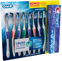 Oral-B® Pro-Health™ CrossAction Advanced Soft Manual Toothbrush 8 ct. Carded Pack with Bonus Crest® 3D White™ Arctic Fresh Toothpaste 7 oz. Box