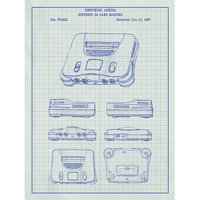 Inked And Screened Gaming 'Nintendo 64 Game Machine' Silk Screen Print Graphic Art in White Grid/Blue Ink