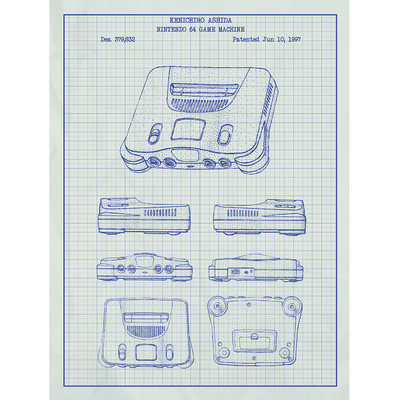 Inked And Screened Gaming 'Nintendo 64 Game Machine' Silk Screen Print Graphic Art in White Grid/Blue Ink