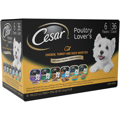 Cesar® Poultry Lover's Variety Pack Classics Grilled Chicken/With Turkey/With Duck/Savory Delights™ Rotisserie Chicken Flavor with Bacon & Cheese in Meaty Juices/Home Delights™ Slow Cooked Chicken & Vegetables Dinner/Turkey, Green Beans & Potatoes Dinner in Sauce Dog Food 36-100g Trays