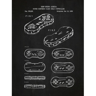 Inked And Screened Gaming 'Super Nintendo Hand Held Controller' Silk Screen Print Graphic Art in Chalkboard/White Ink