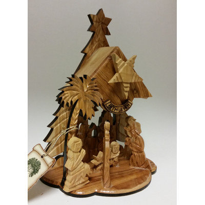 Earthwoodllc Olive Wood Tree-shaped Nativity Music Box