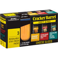 Cracker Barrel Sharp Cheddar/Extra Sharp White Cheddar/Provolone Cheese Slices Variety Pack 3-7 oz. ZIP-PAKs®