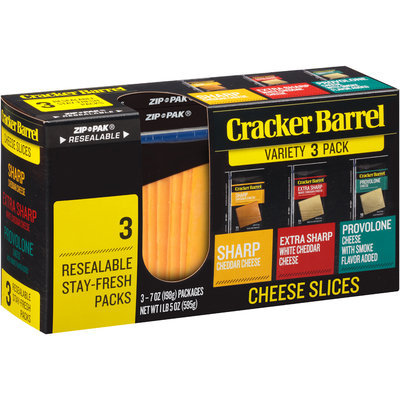 Cracker Barrel Sharp Cheddar/Extra Sharp White Cheddar/Provolone Cheese Slices Variety Pack 3-7 oz. ZIP-PAKs®