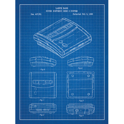 Inked And Screened Gaming 'Super Nintendo SNES 2 System' Silk Screen Print Graphic Art in Blue Grid/White Ink
