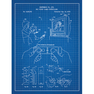 Inked And Screened Gaming 'WII VIDEO' Silk Screen Print Graphic Art in Blue Grid/White Ink