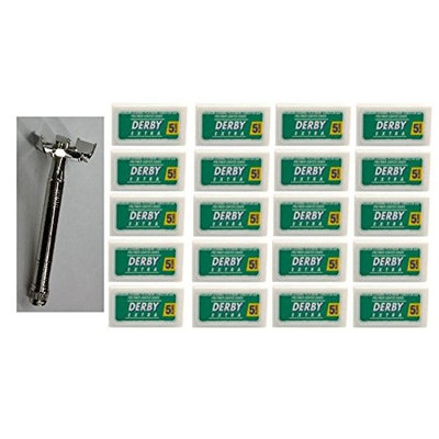 Double Edge Safety Razor + Derby Extra Double Edge Blades, 5 ct. (Pack of 20) + FREE Old Spice Deadlock Spiking Glue, Travel Size, .84 Oz
