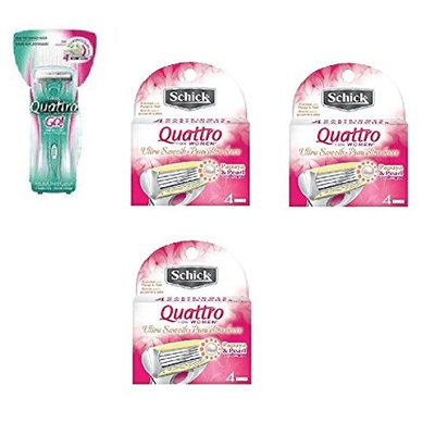 Schick Quattro for Woman GO Razor Handle + Schick Quattro for Women Razor Refill Blade Cartridges, Ultra Smooth, 4 Ct. (Pack of 3) + FREE LA Cross 71817 Tweezer