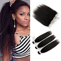 Unprocessd 8A Brazilian Virgin Human Hair 3 Bundles With Lace Frontal Closure(13 x 4) Kinky Straight Human Hair Weft 100% Real Human Hair Extensions Natural Color (20 20 20+ 18)
