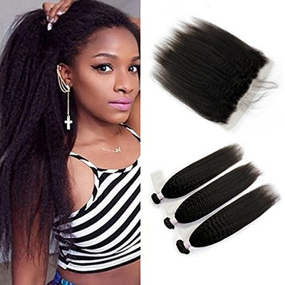 Unprocessd 8A Brazilian Virgin Human Hair 3 Bundles With Lace Frontal Closure(13 x 4) Kinky Straight Human Hair Weft 100% Real Human Hair Extensions Natural Color (20 20 20+ 18)