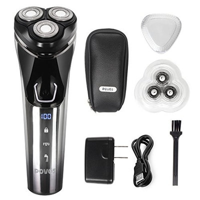 POVOS Electric Men's Shaver Rotary Razor, USB Charging, 3D Floating Cutter, Wet and Dry Shaving, Battery Indicator, Travel Lock, including USB Charger, Cutter Replacement and Travel Bag