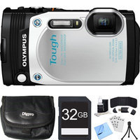 Olympus TG-870 Tough Waterproof 16MP White Digital Camera 32GB SDHC Memory Card Bundle