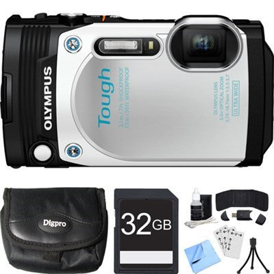 Olympus TG-870 Tough Waterproof 16MP White Digital Camera 32GB SDHC Memory Card Bundle