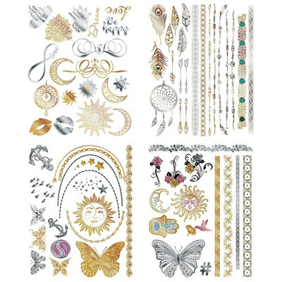 Flash Metallic Temporary Tattoos For Women - 150+ Boho Tattoos & Mandala Tattoos with Gold & Silver Shimmer - 8 Large Sheets of Bachelorette Tattoos Include Waterproof Arm Bands - For Adults or Kids