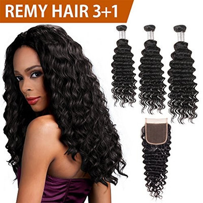 FASHION IDOL 3 Remy Deep Wave Hair Bundles with Closure (18
