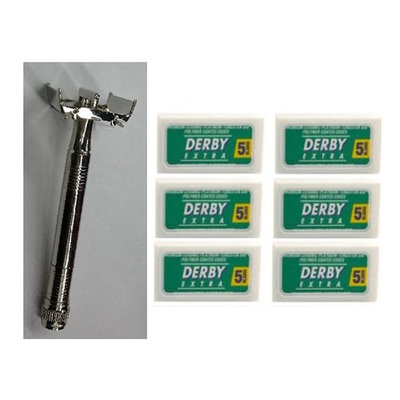 Double Edge Safety Razor + Derby Extra Double Edge Blades, 5 ct. (Pack of 6)