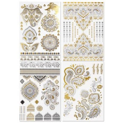 BMC 4 Sheet Set Shinny Bling Metallic Gold Silver Black Temporary Body Tattoos