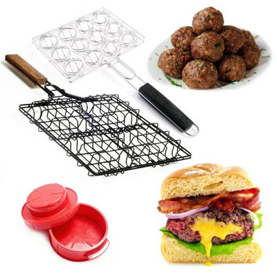 Stuffed Burger & Meatball Grilling Baskets + Press Set Steven Raichlen Maker Pan