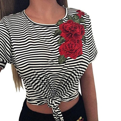 Ladies Short Sleeves Blouse,FAPIZI Women Fashion Bare Midriff Striated Appliques Rose Tops
