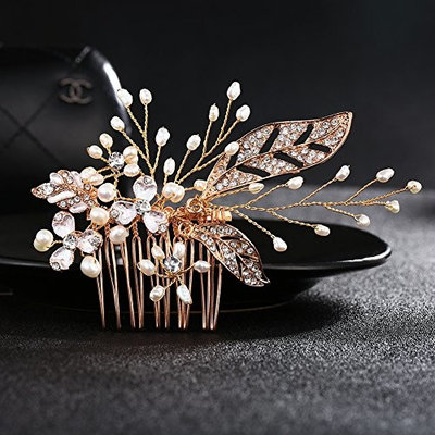 Gold Bridal Wedding Hair Side Comb Handmade Jewelry with Freshwater Pearls