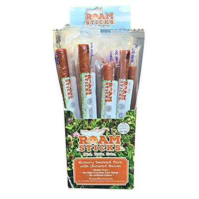 Roam Sticks - Hickory Smoked, Pasture-Raised Pork Sticks with Uncured Bacon Great Taste Gluten Free - 1 oz, Pack of 24