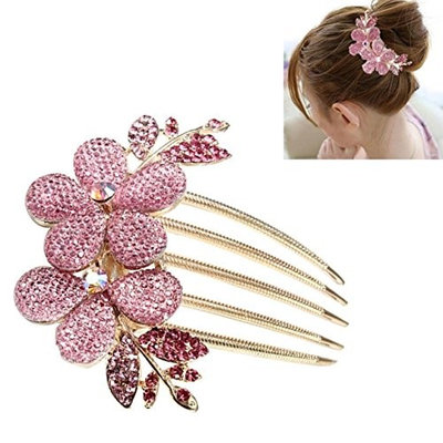 1 Set Combs Hairbrush Lady Girl Flower Pattern Alloy Rhinestone Barrette Hair Clip Comb Combo Pocket Long Round Handle Holder Great Popular Beard Brush Natural Grooming Women Travel Kit
